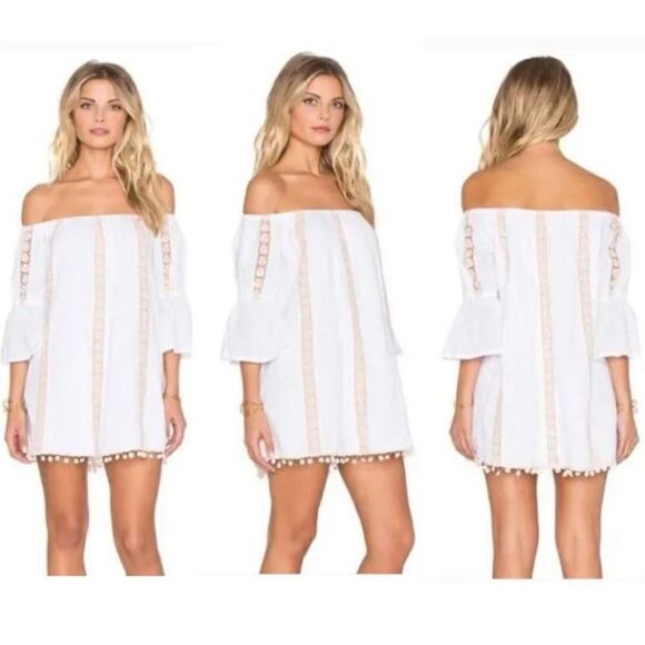 TULAROSA Sara White Off the Shoulder Pom Trim Swiss Dot Shift Dress. Small. NWT - Picture 1 of 7